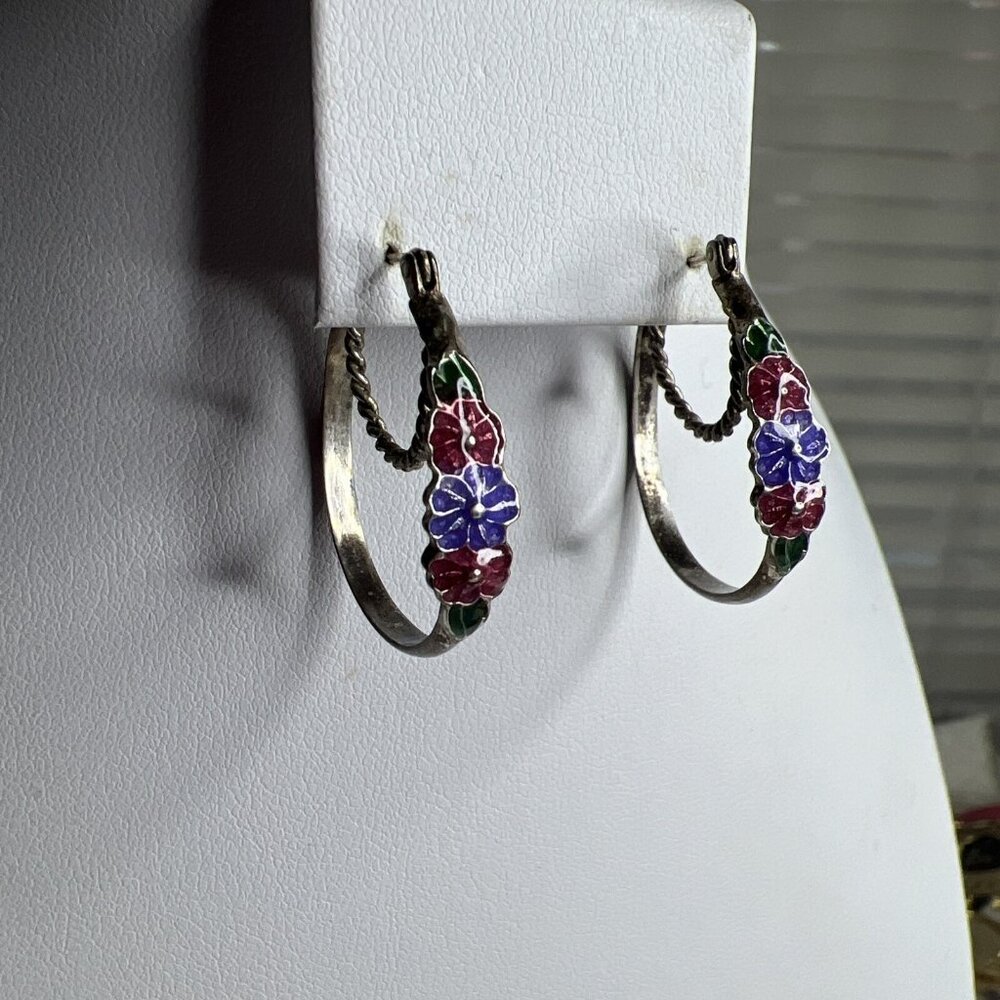 Vintage Avon Sterling Silver 925 Hoop Earrings Enamel Hibiscus‎ Flower